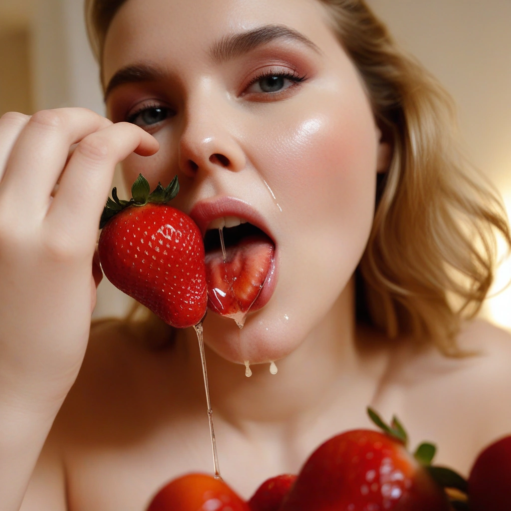 Close-up of a blonde woman during the Strawberry Kisses scene